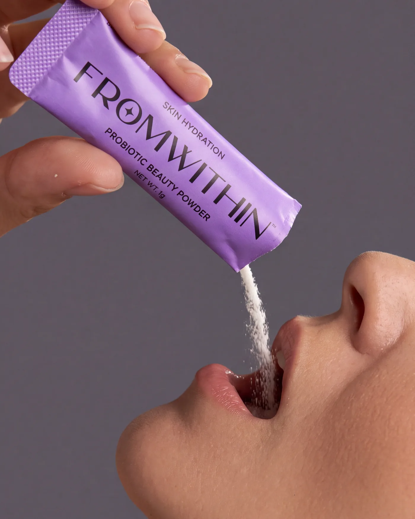 Fast-melt powder poured from a FROMWITHIN sachet